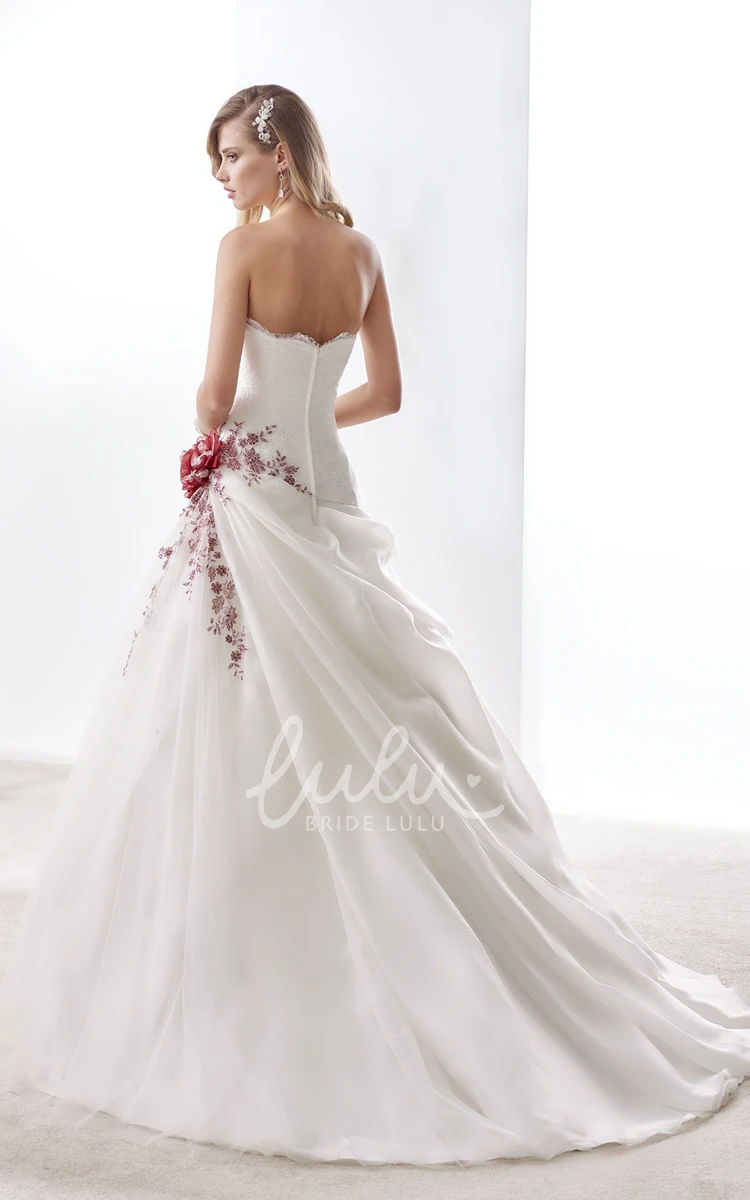 A-Line Sweetheart Wedding Dress with Floral Appliques and Side Draping Ruffles Unique Bridal Gown