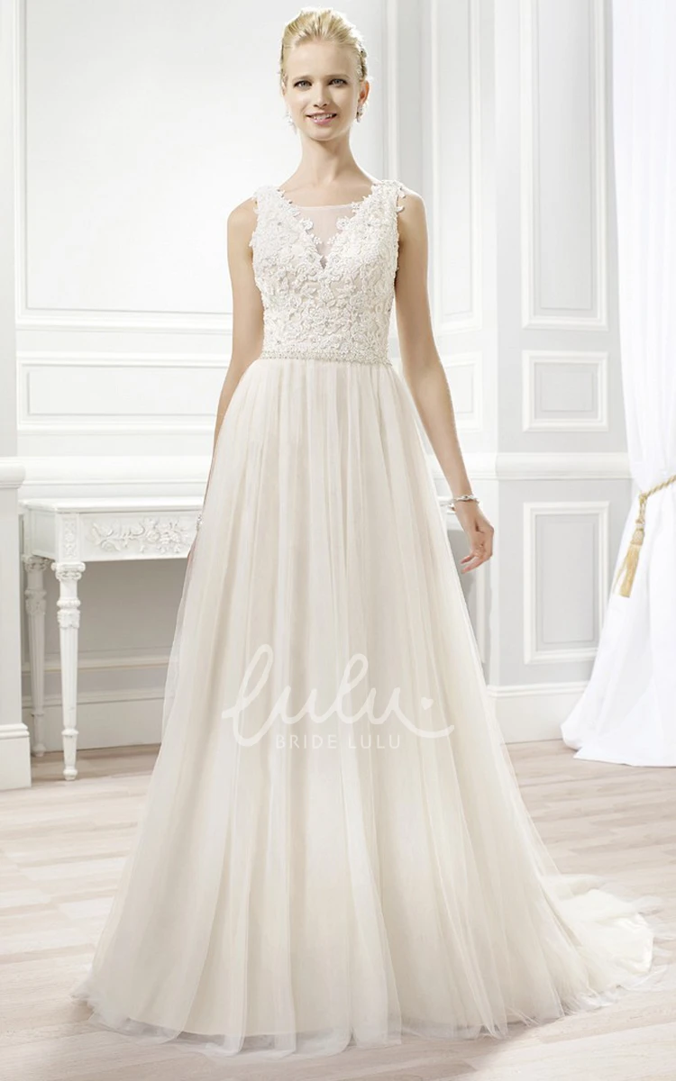 A-Line Appliqued Lace&Tulle Wedding Dress with Bateau Neckline and Illusion Back Classic Bridal Gown