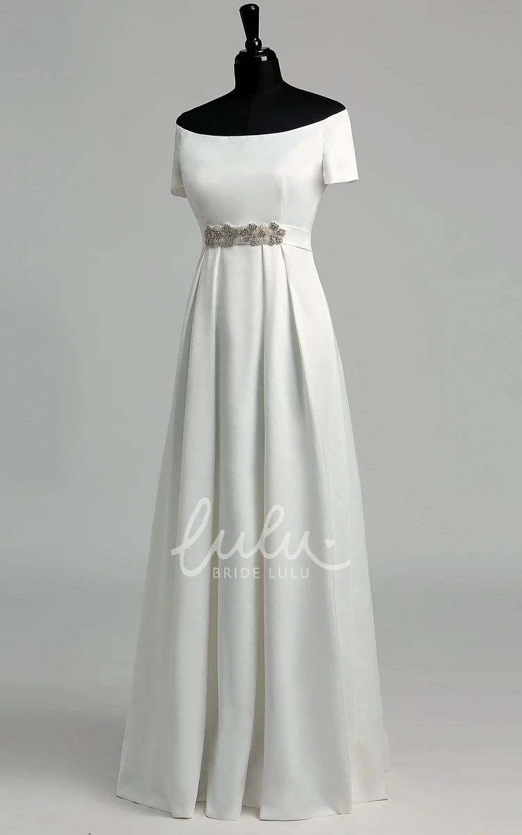 Satin A-Line Wedding Dress with Floor-Length Beading and Pleats