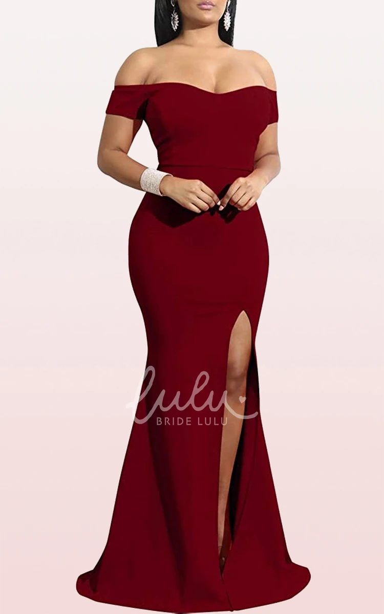 Off-the-Shoulder Mermaid Sleeveless Formal Dress Romantic Split Front Jersey