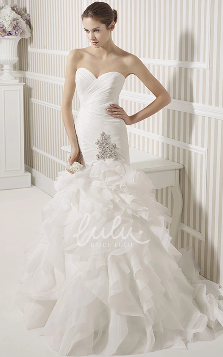 Cascading-Ruffle Sleeveless Sweetheart Organza Mermaid Wedding Dress with Criss Cross and Broach Unique Mermaid Wedding Dress