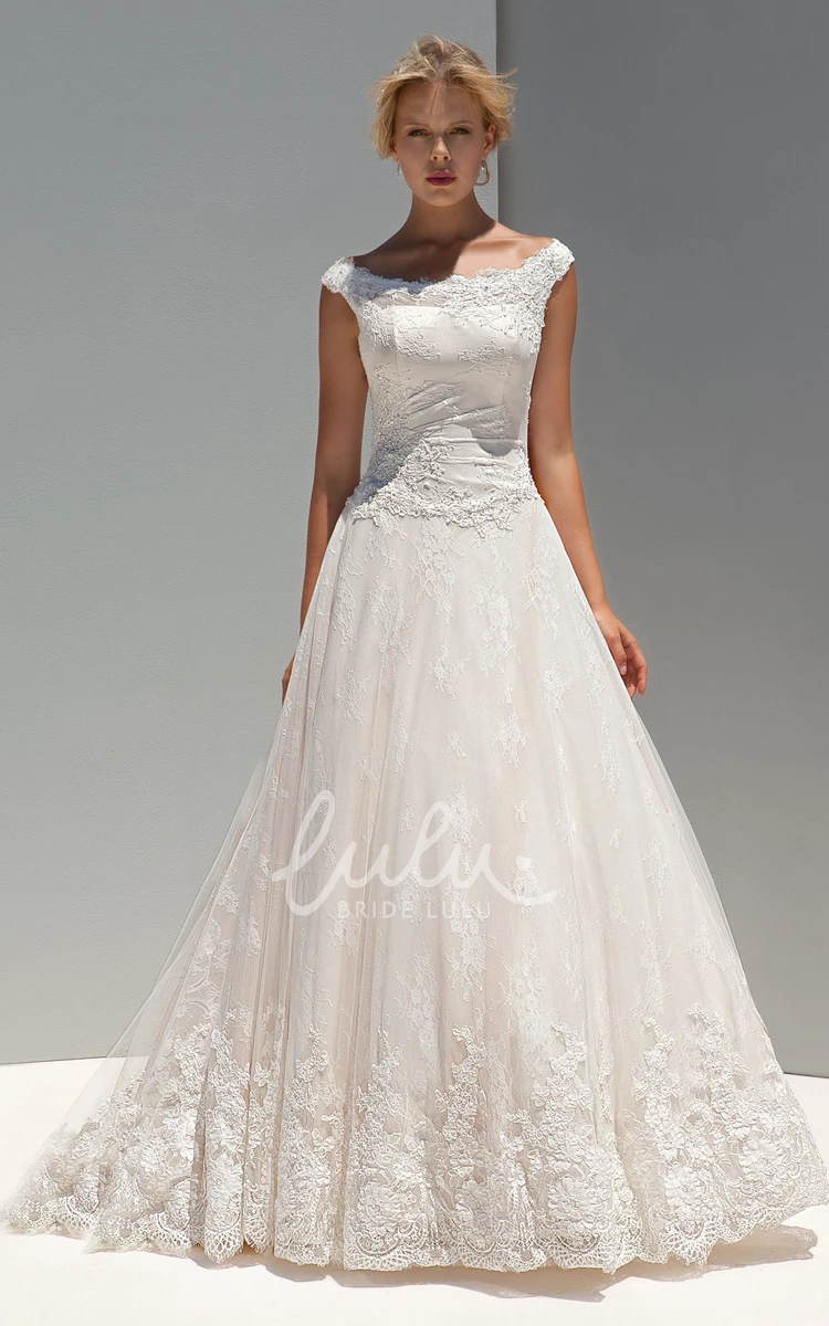 A-Line Lace Wedding Dress with Cap Sleeves and Long Scoop Neck