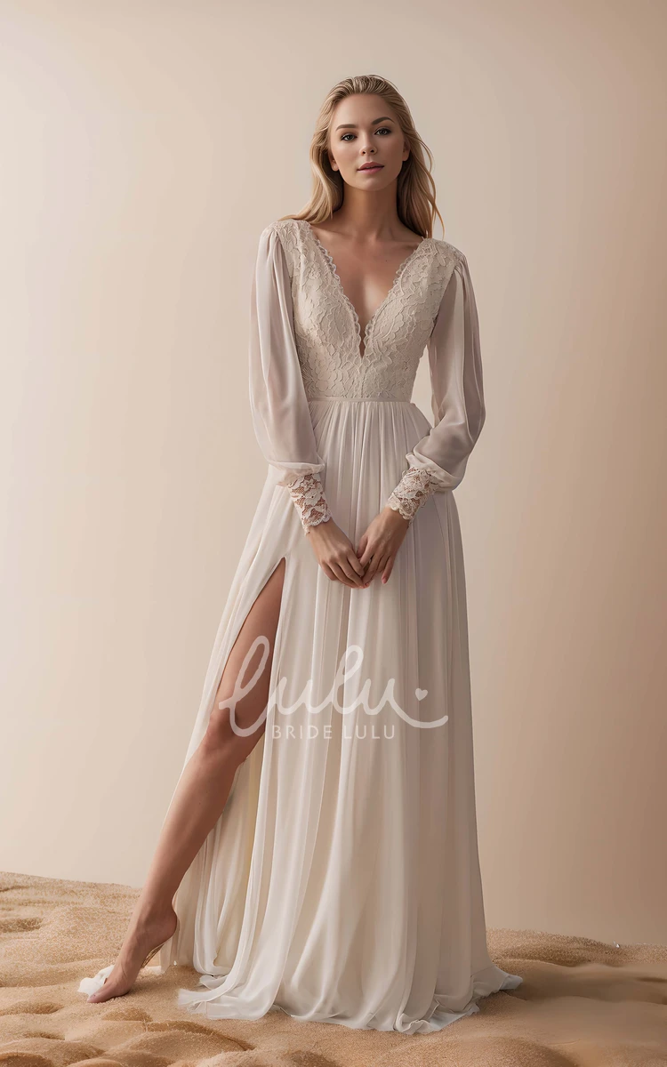 Romantic Elegant Boho Spring Long Sleeve A-Line Lace Chiffon Wedding Dress with Sash Flowy Modest Split Front V-Neck Low Back Court Train Reception Bridal Gown