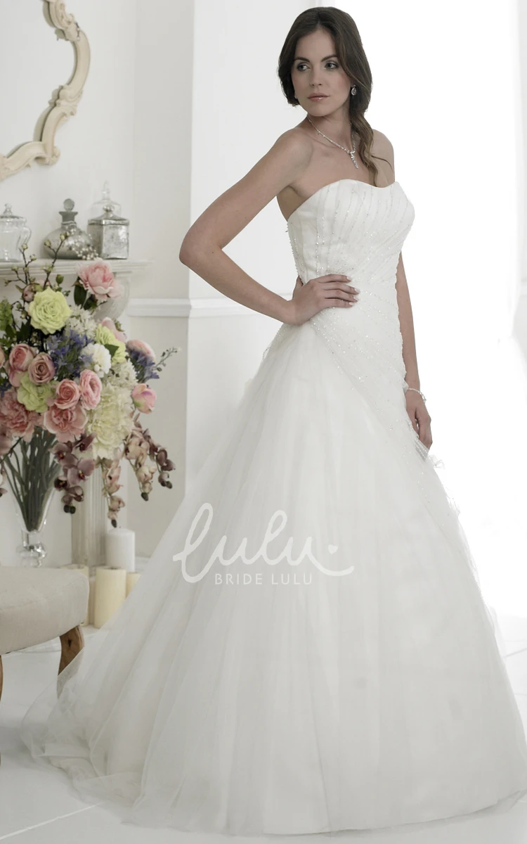 Strapless Tulle Wedding Dress with Beading A-Line Style Court Train