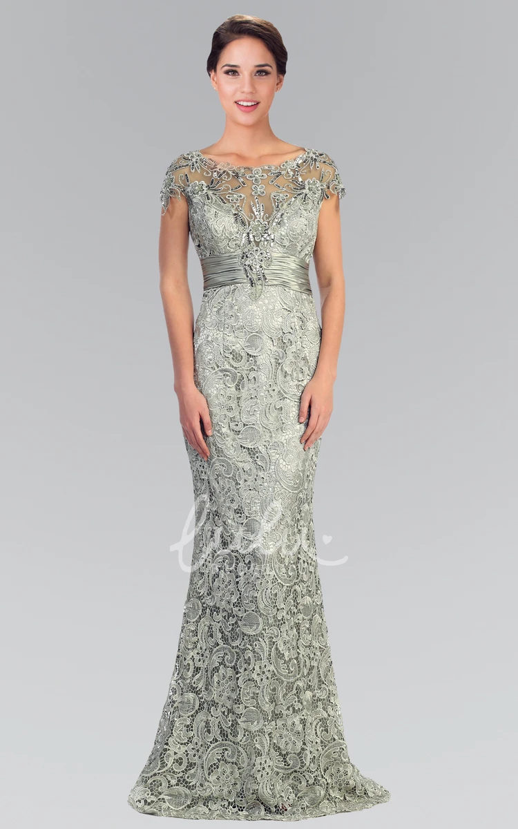 Lace Sequin Sheath Formal Dress with Short Sleeves