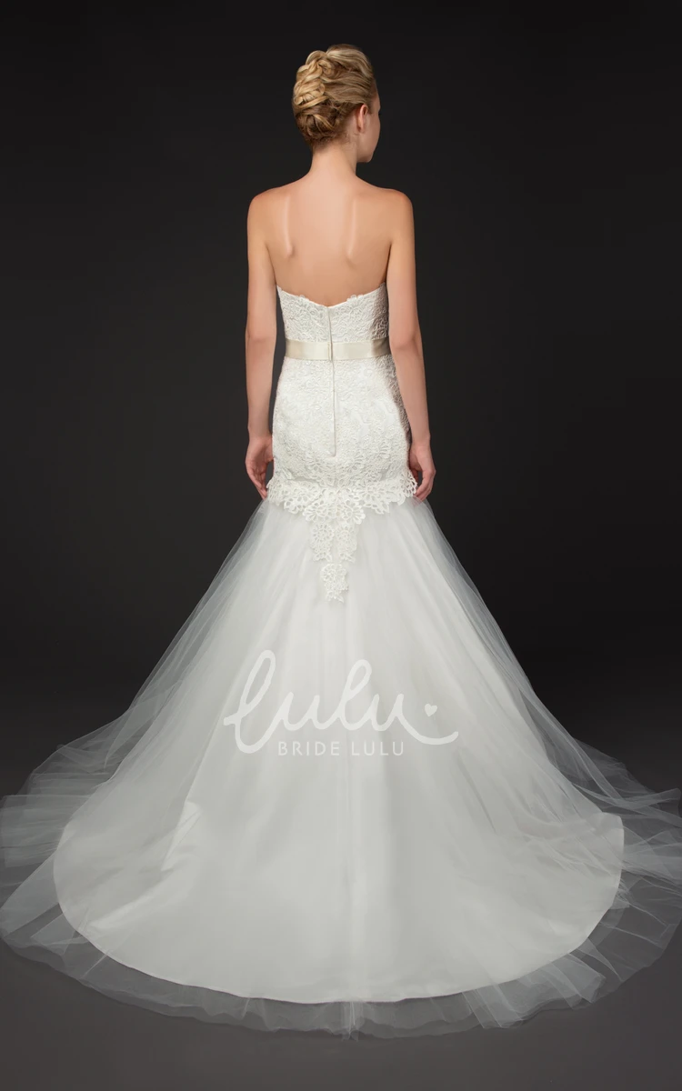 Sweetheart Appliqued Lace&Tulle Wedding Dress A-Line Floor-Length Bow V-Back Bridal Gown