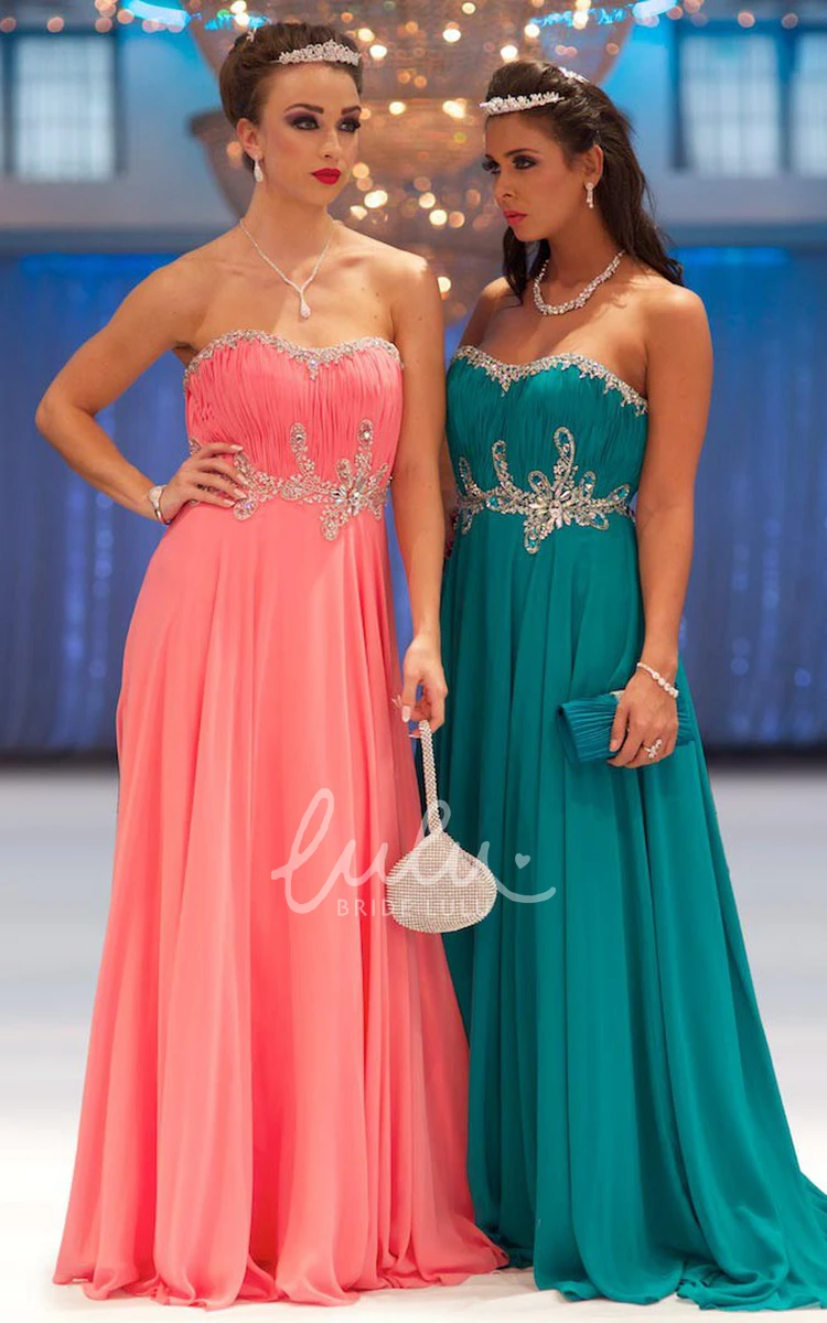 A-Line Ruched Sweetheart Chiffon Prom Dress With Beading Long Flowy Dress