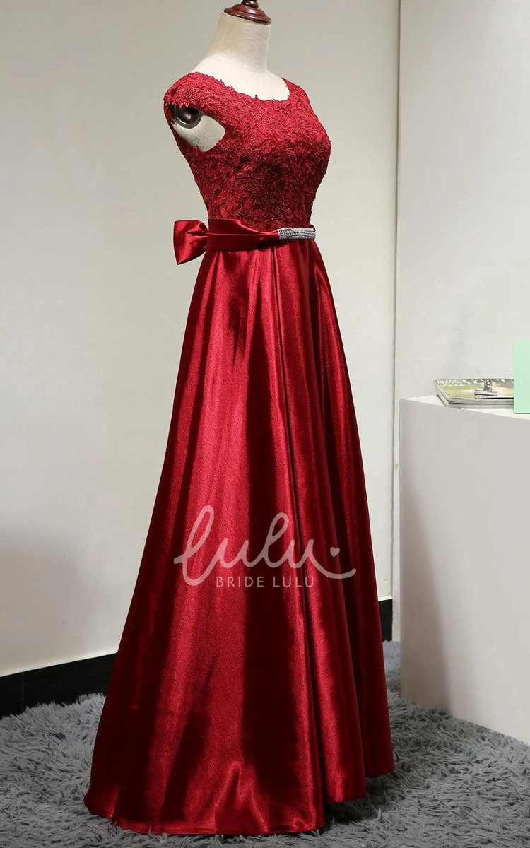 Satin Dress with Lace Cap Sleeves Beaded Belt and Elegant Style