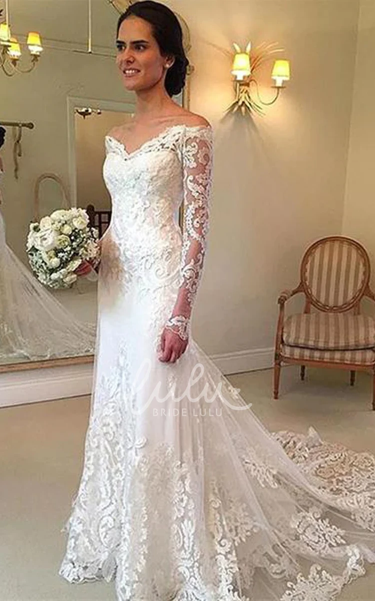 Mermaid Gorgeous Off-The-Shoulder Lace Boho Trumpet Wedding Dress Long Sleeves Glamorous Court Train Gown