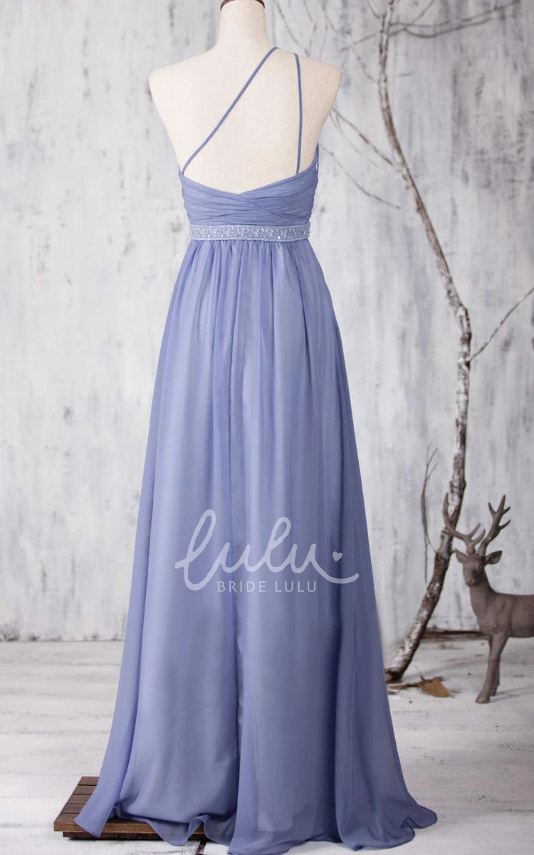 Beaded A-line Chiffon Bridesmaid Dress with One Shoulder and Criss Cross Bodice