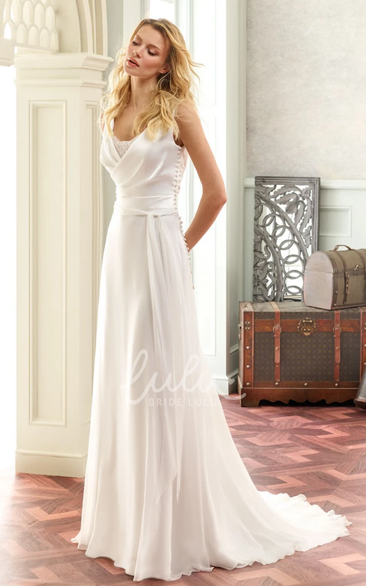Chiffon V-Neck Wedding Dress with Appliques and Sweep Train Maxi Length