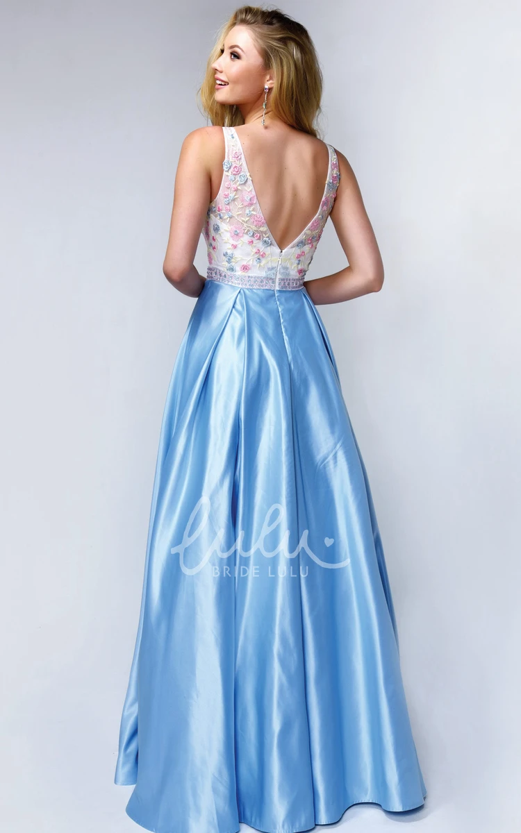 Sleeveless Satin A-Line Formal Dress with V-Neck and Appliques