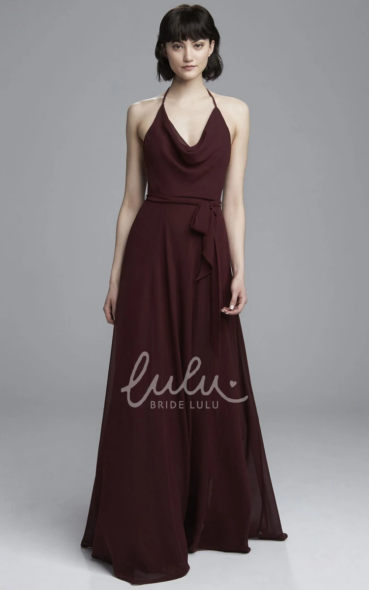 Sleeveless A-Line Chiffon Bridesmaid Dress with Cowl Neck and Bow