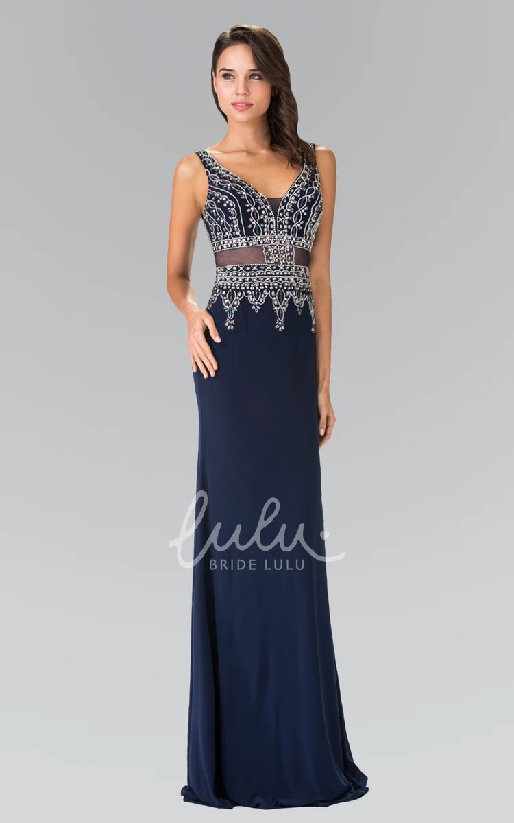 V-Neck Sleeveless Jersey Formal Dress with Beading Sheath Floor-Length