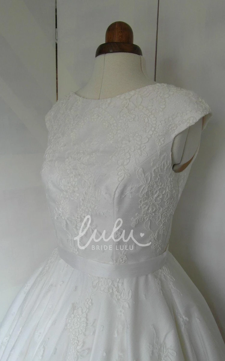 Rose Lace A-Line Tea-Length Wedding Dress with Jewel Neck and Cap Sleeves