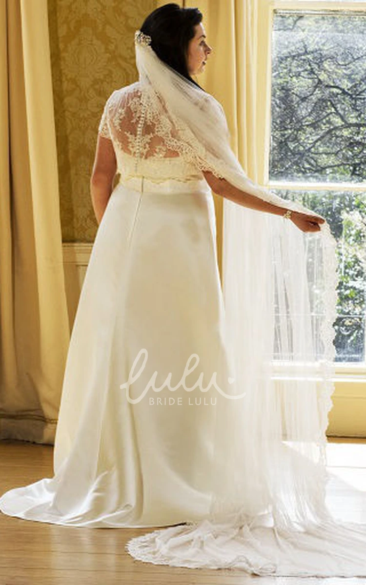 High-Neck Scalloped Lace Top Taffeta Wedding Dress with Short Sleeves