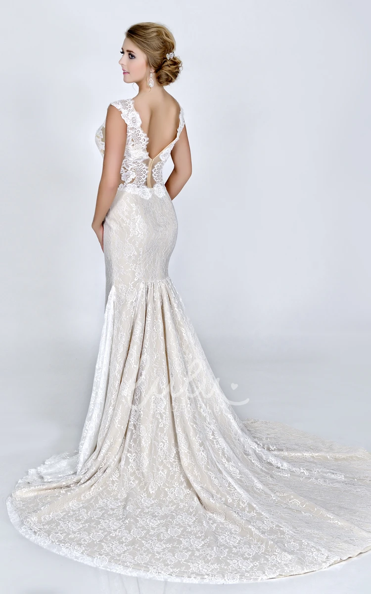 Sleeveless Lace V-Neck Sheath Wedding Dress with Court Train Bridal Gown