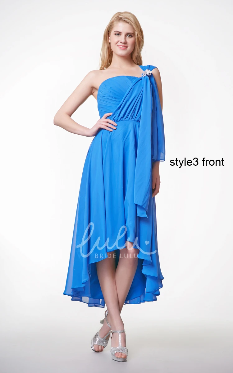 High Low Chiffon Bridesmaid Dress with Ruffles and Sash Short Sleeve