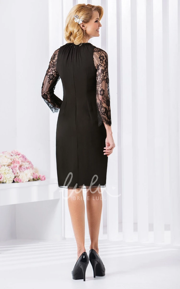 Knee-Length Mother Of The Bride Dress Pencil Long-Sleeve Beaded Lace Chiffon