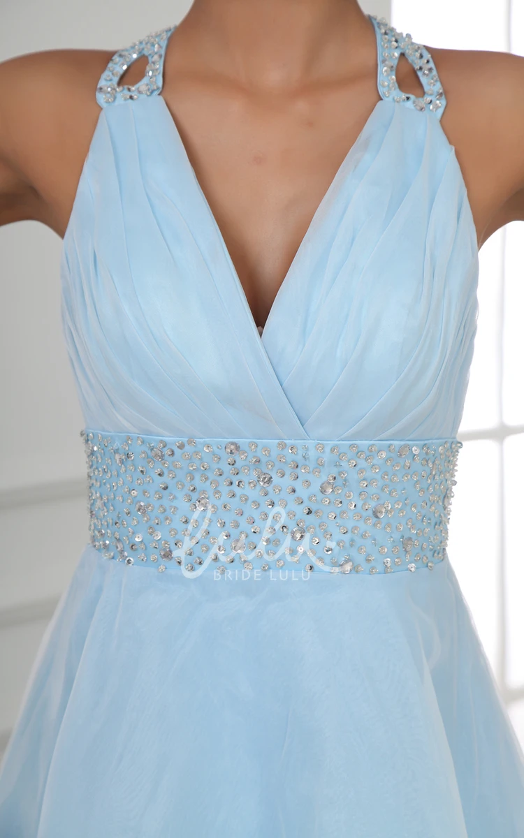 Halter V-Neck A-Line Formal Dress with Sequined Waist Flowy Beach Bridal Gown