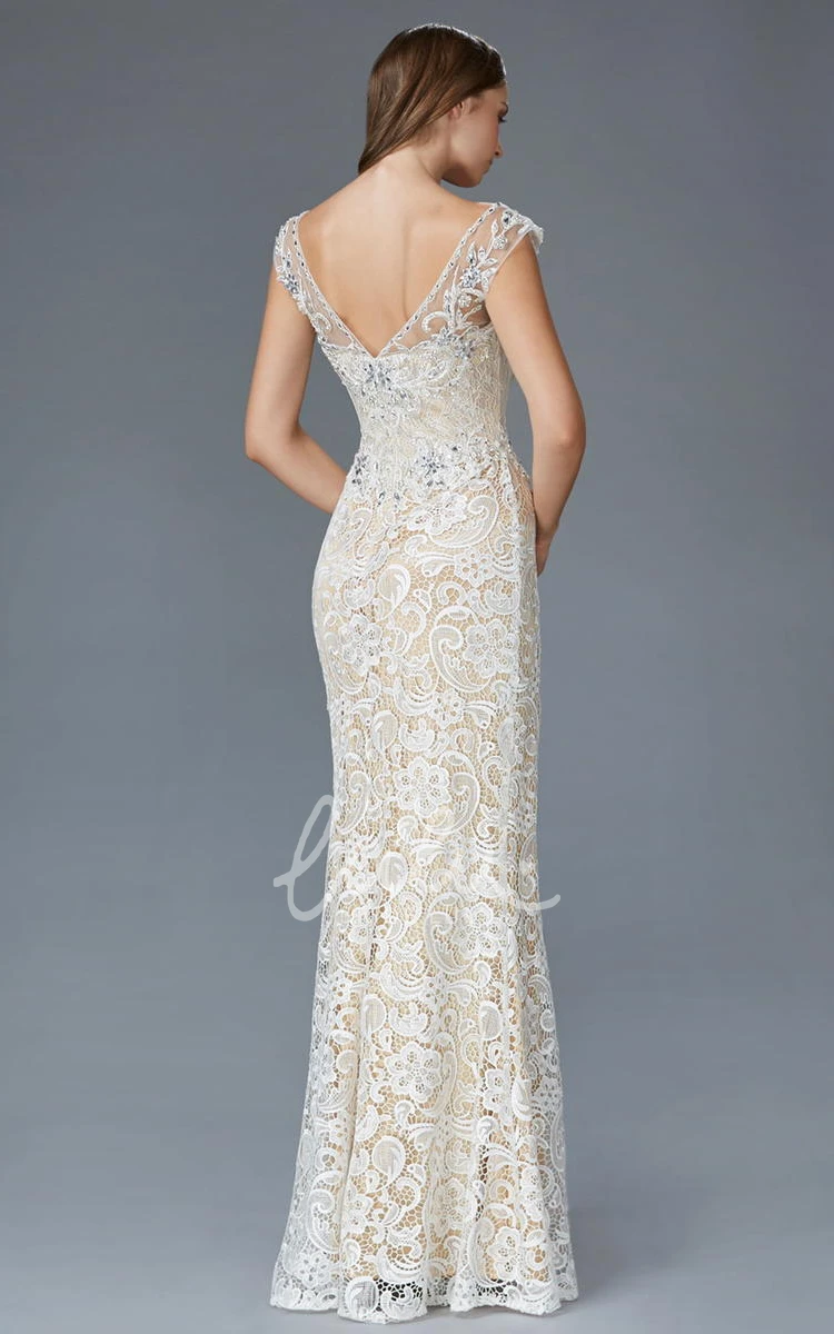 Beaded V-Neck Cap-Sleeve Lace Low-V Back Formal Dress in Sheath Style