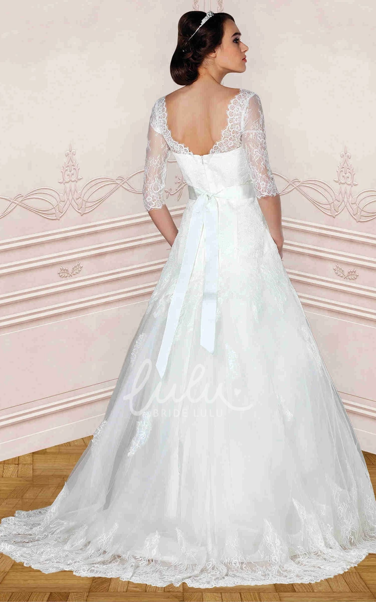 Lace V-Neck A-Line Wedding Dress with Bow Elegant Long Sleeve