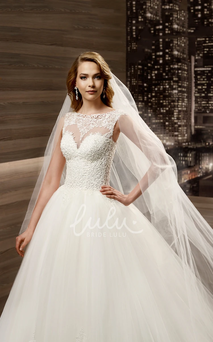 A-line Wedding Dress with Illusion Cap Sleeves Beaded Jewel Neck Court Train