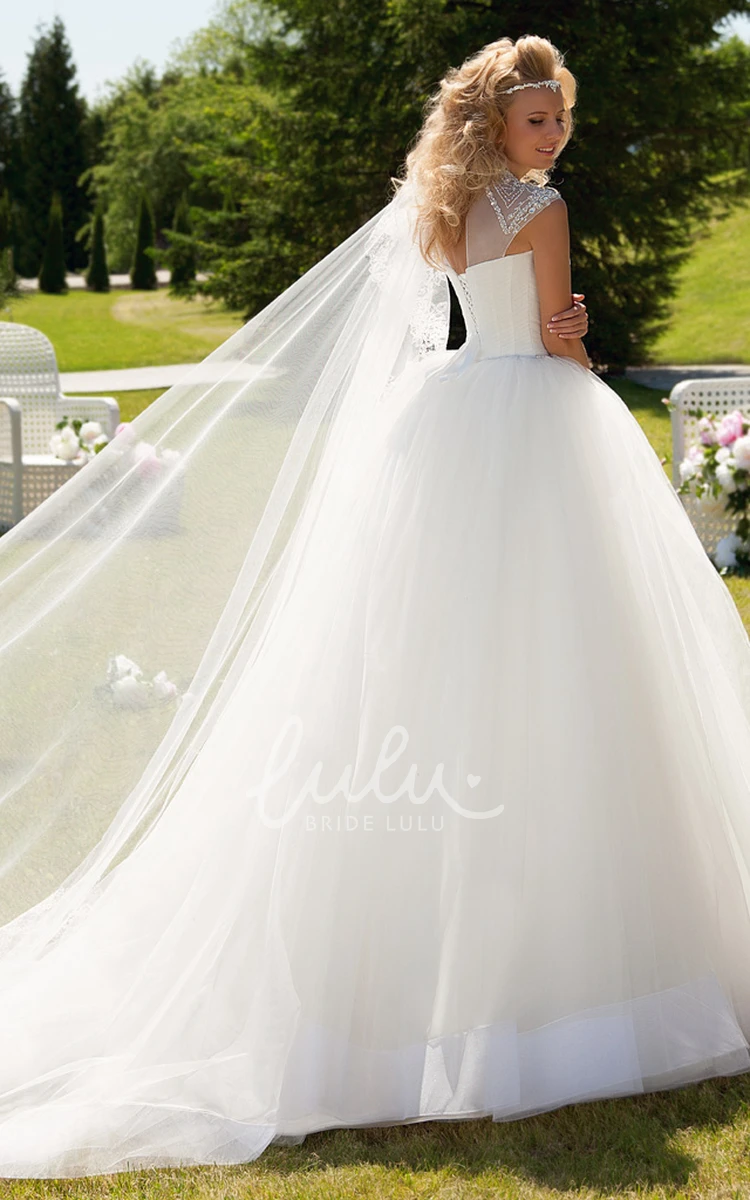 High Neck Beaded Cap-Sleeve Tulle Wedding Dress Modern Bridal Gown