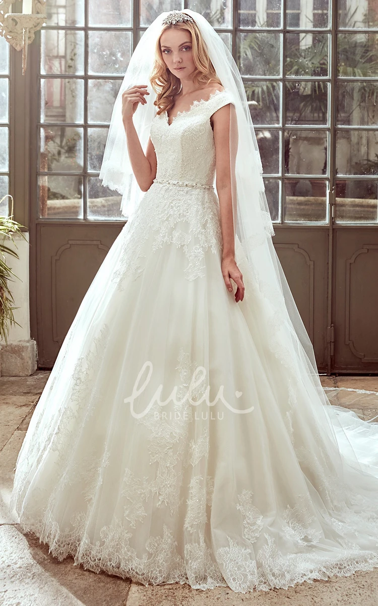 V Neckline Strap-Neck A-Line Wedding Dress with Brush Train Modern Wedding Dress Elegant Women