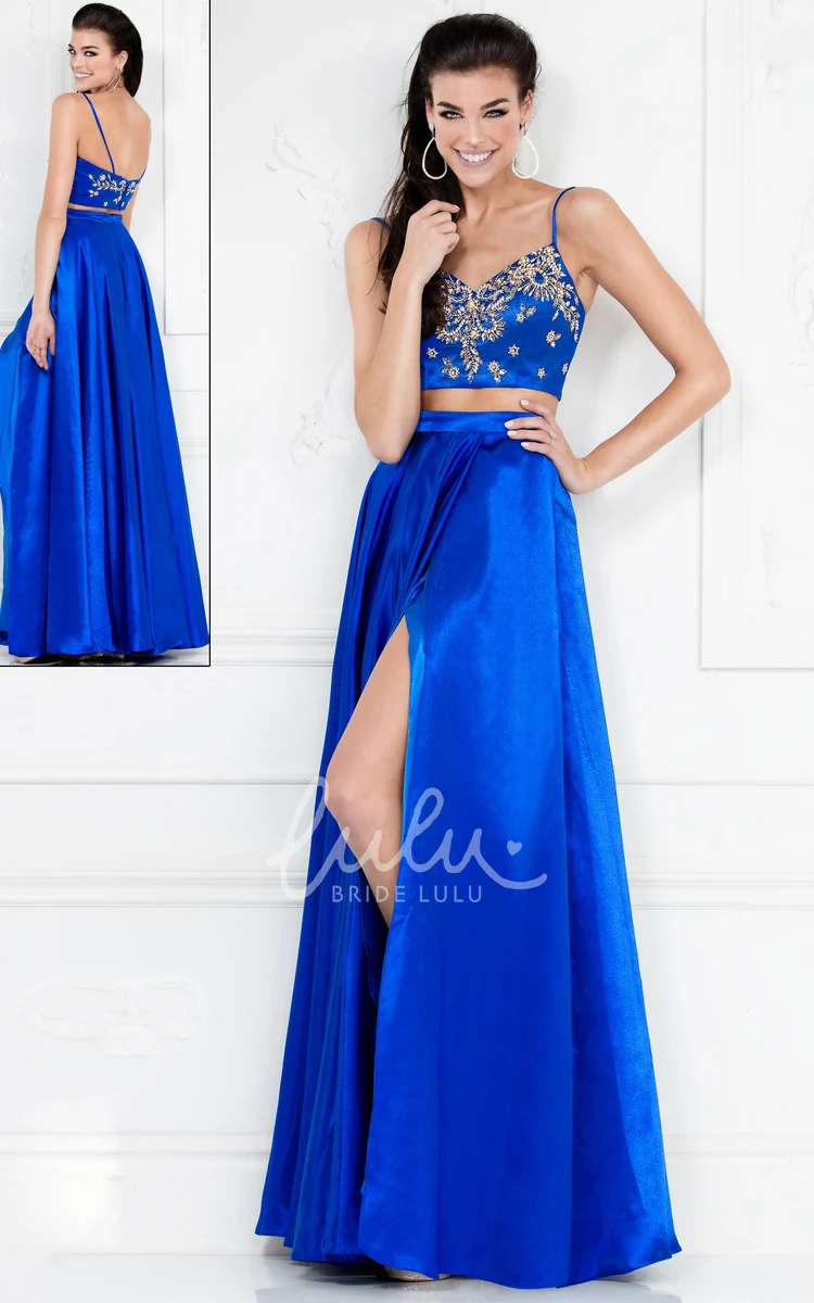 Satin Two-Piece A-Line Dress with Spaghetti Straps and Beading