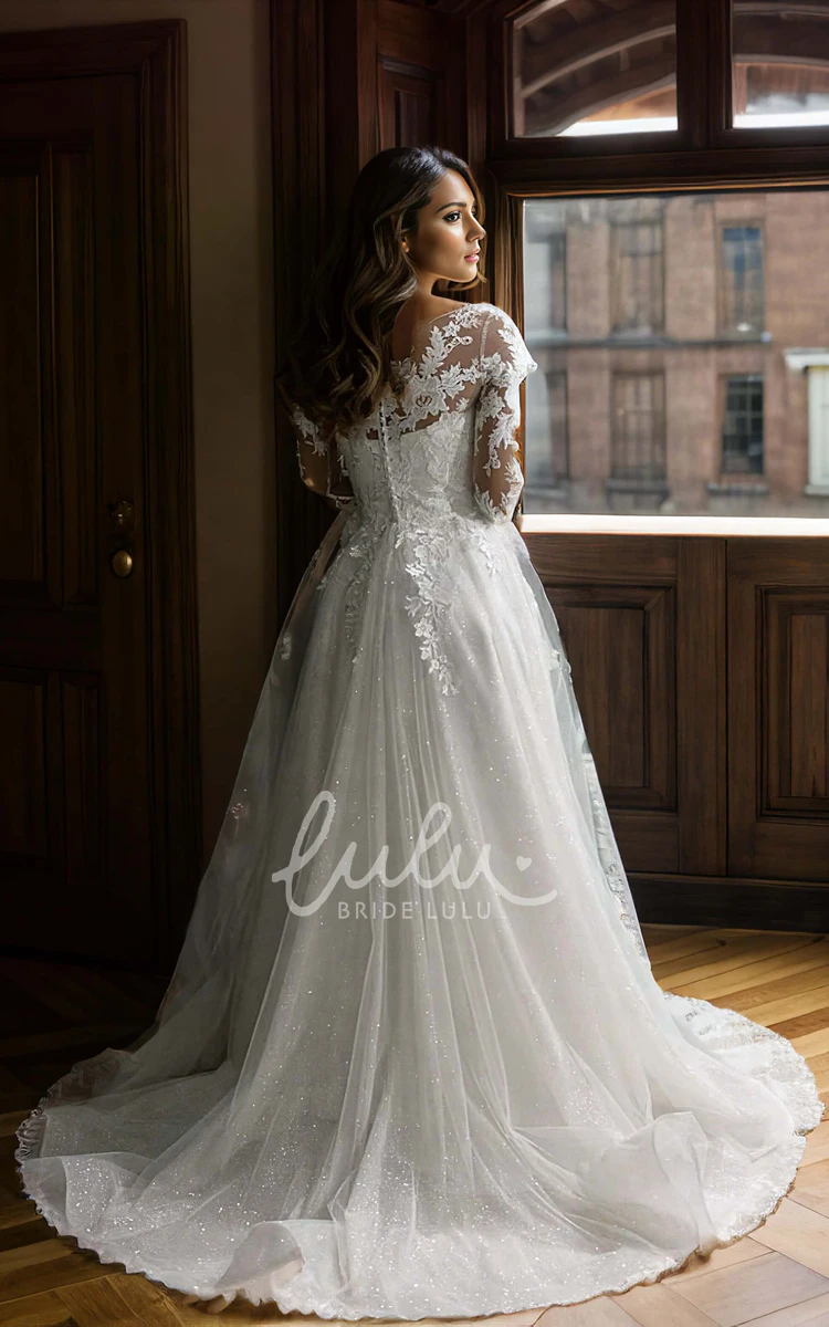 A-Line Lace V-neck Ethereal Elegant Fairy Wedding Dress with Court Train Long Sleeve Button Back