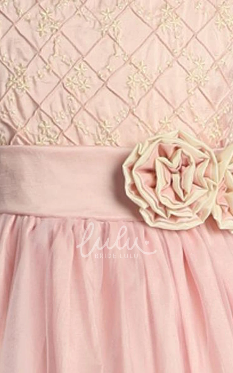 Embroidered Tea-Length Tulle Flower Girl Dress with Sleeveless Design