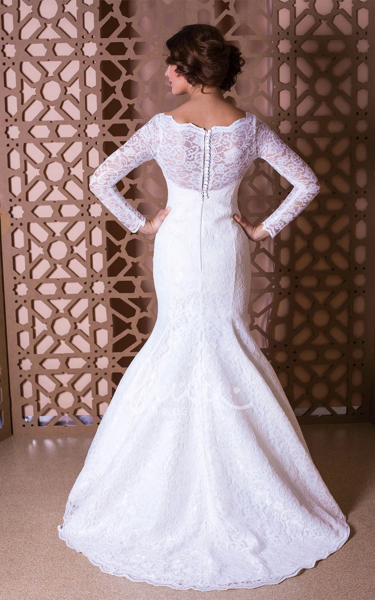 Illusion Lace Trumpet Wedding Dress Bateau Neckline Long Sleeve