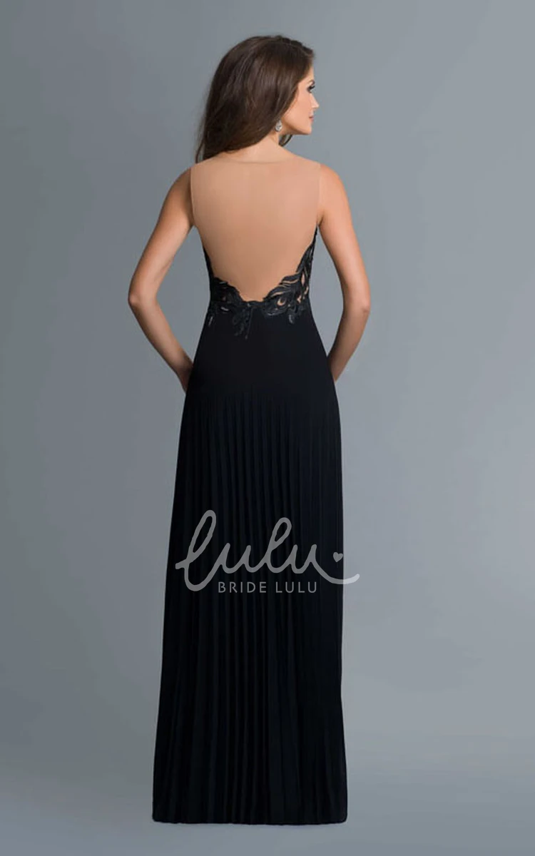 Sleeveless Scoop-Neck Applique and Pleated A-Line Formal Dress in Jersey Fabric