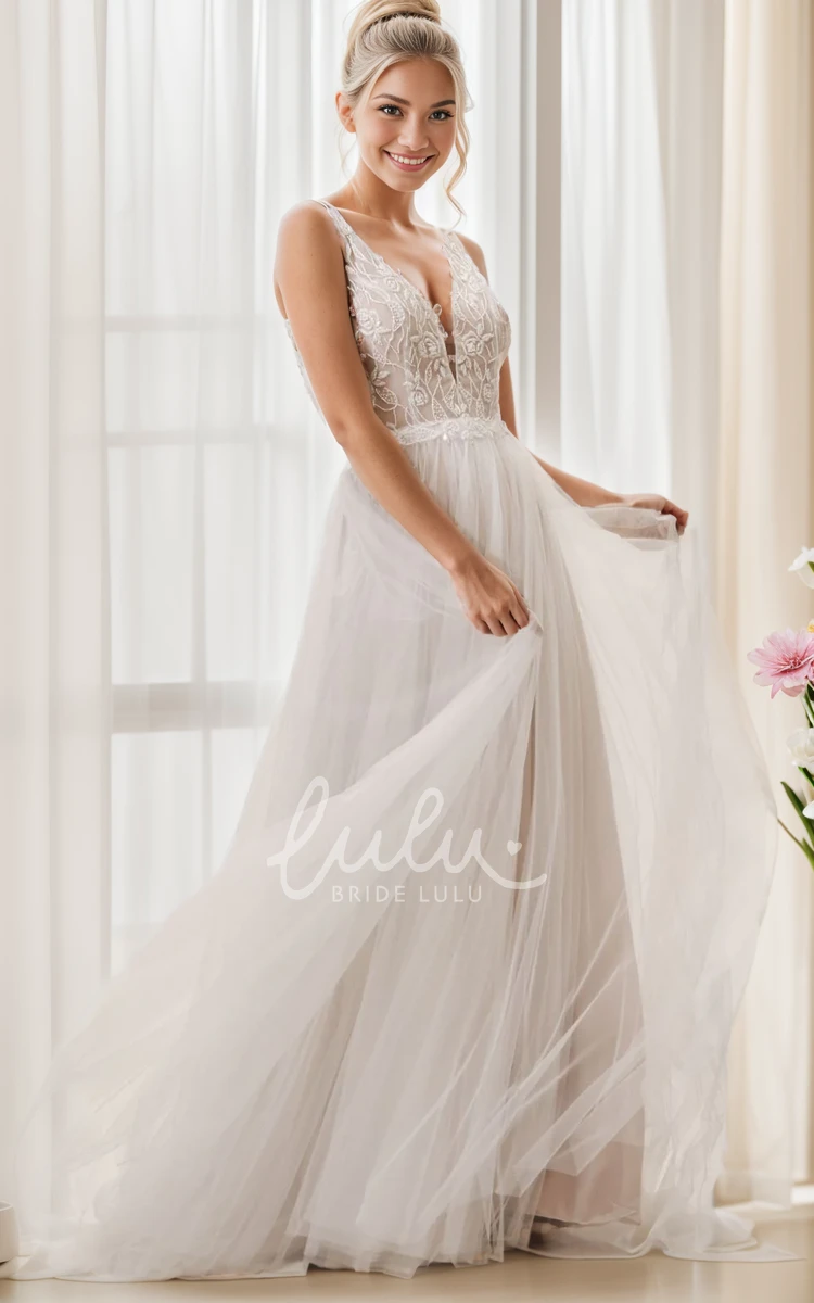 Sexy Beach A-Line Boho V-Neck Lace Elegant Simple Sleeveless Deep-V Back Bridal Gown with Appliques