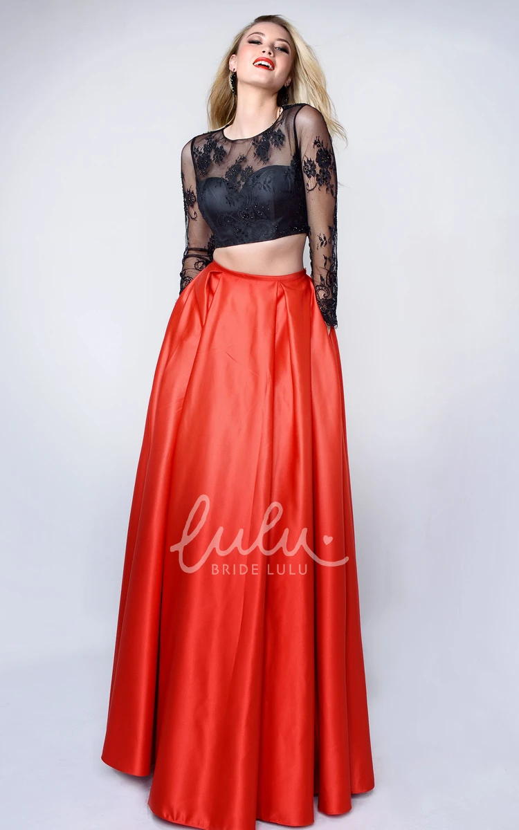Lace Applique A-Line Satin Formal Dress with Long Sleeves
