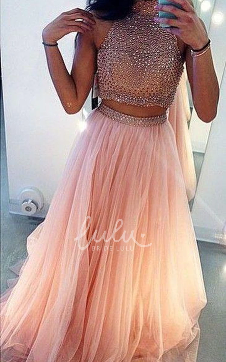 Two-Piece High Neck Prom Dress Glamorous Beaded Design