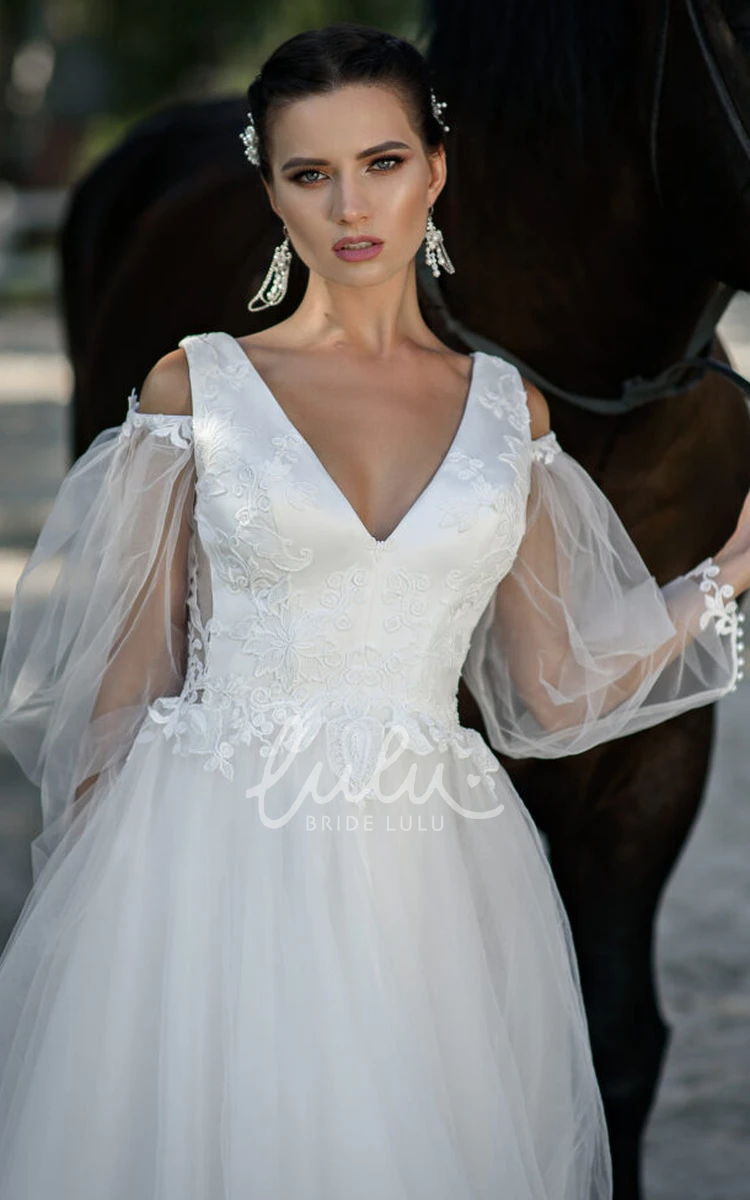 Ethereal V-neck Tulle Long Sleeve Wedding Dress With Appliques A-line