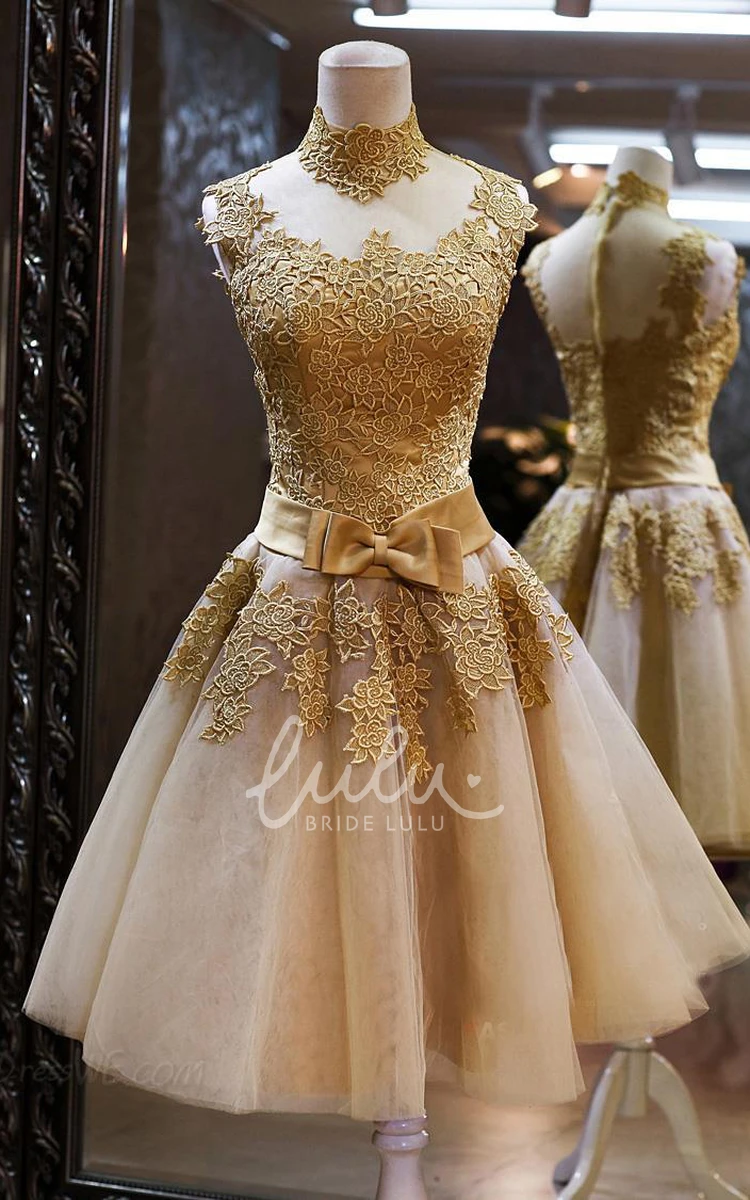 Short Prom Dress High Neck Golden Appliques Sleeveless Unique Dress