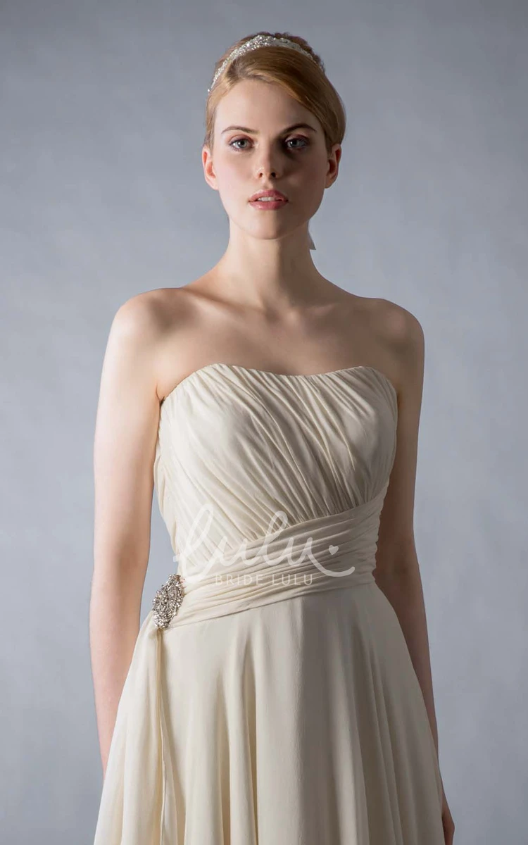 Chiffon Wedding Dress Floor-Length Strapless Ruched Broach Brush Train