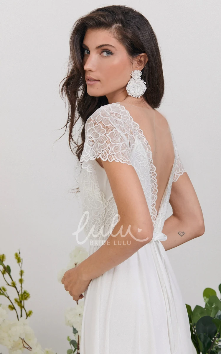 Vintage Bohemian A-Line Wedding Dress Short Sleeve Bridal Gown with Deep V-Neck