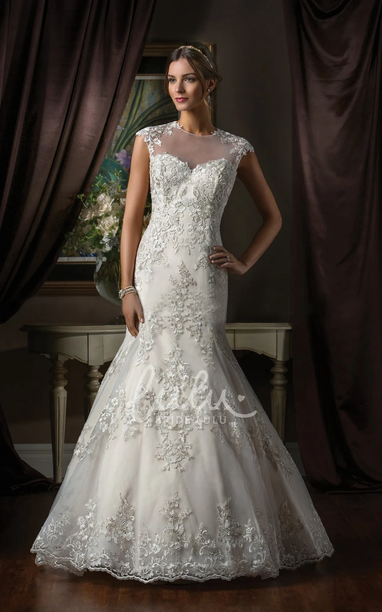 Mermaid Wedding Dress with High Neck Cap Sleeves Appliques and Illusion Back