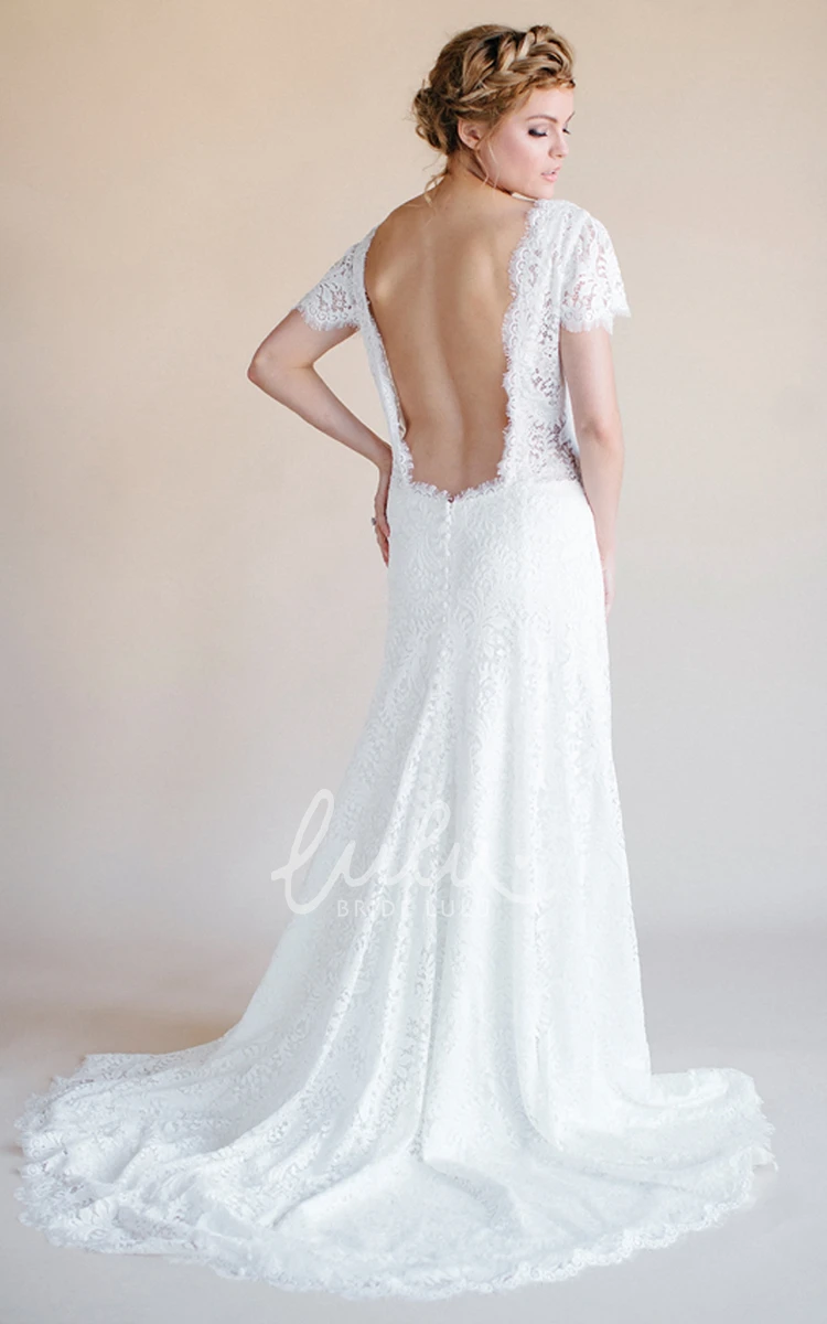 Backless V-Neck Lace Short-Sleeve Wedding Dress