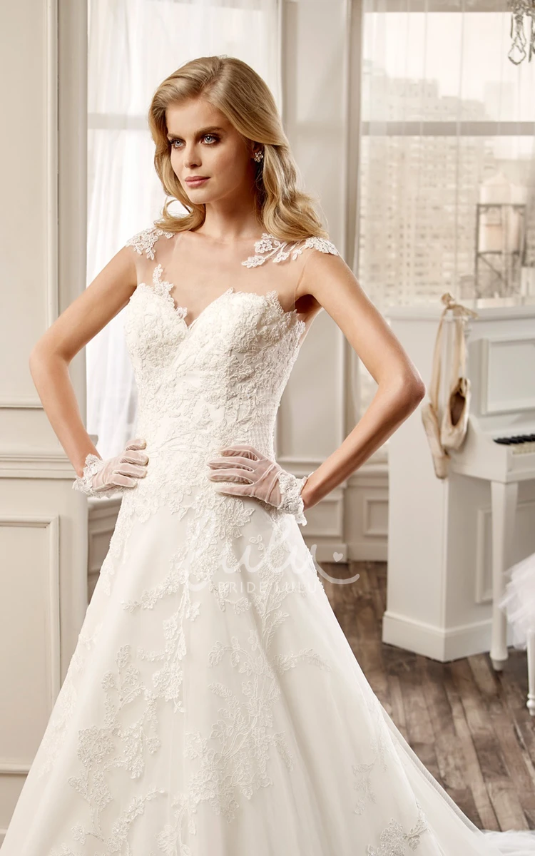 Illusive Back V-Neck A-Line Wedding Dress with Brush Train