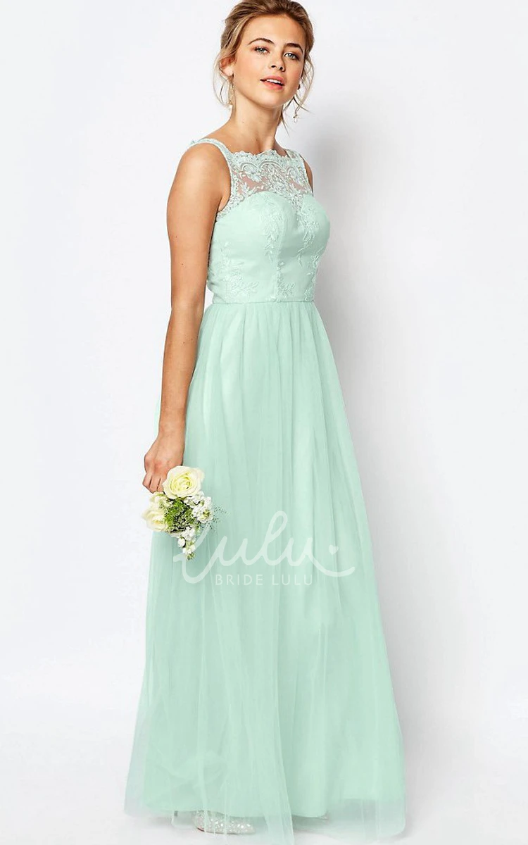 A-Line Lace Tulle Bridesmaid Dress Sleeveless Ankle-Length Bateau Neck