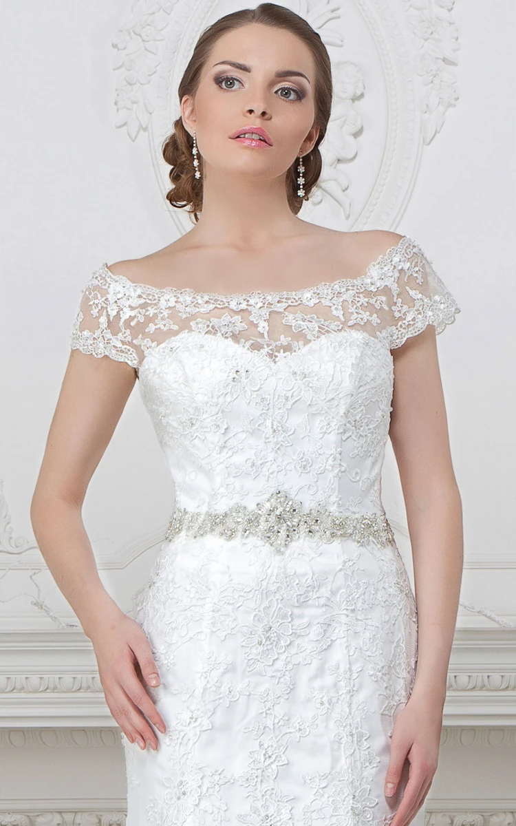 Lace Appliqued Off-Shoulder Mermaid Wedding Dress with Waist Jewelry