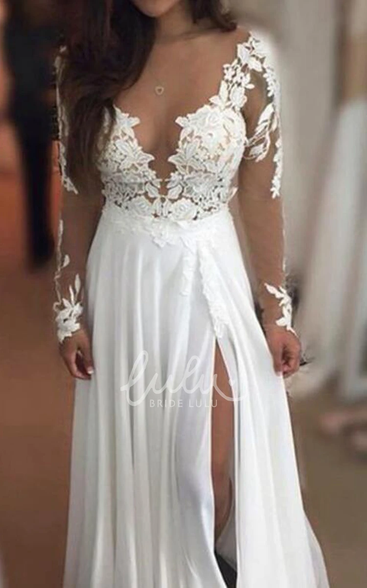 V-neck Chiffon Lace A-Line Prom Dress with Illusion Long Sleeves and Floor-length