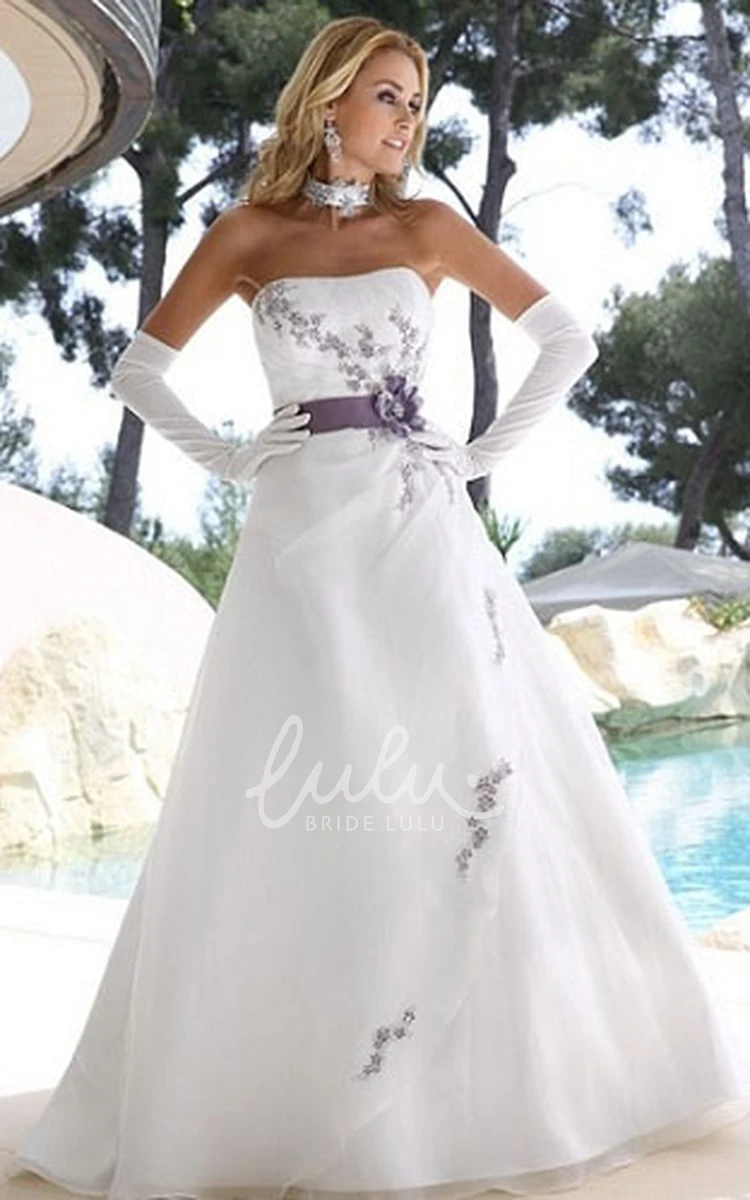 Satin Floral A-Line Wedding Dress with Strapless Bodice and Draping