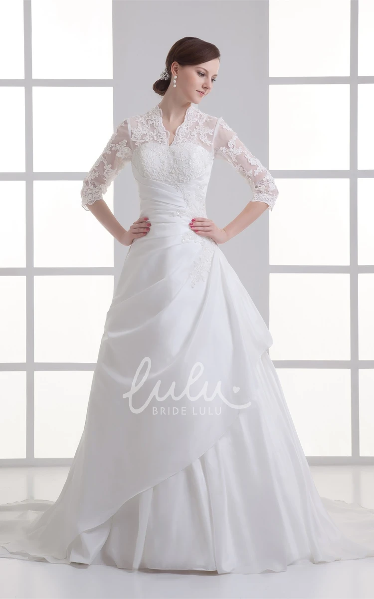 Lace A-line Wedding Gown with Appliques Scalloped-Neck 3/4 Sleeves Bridal Dress