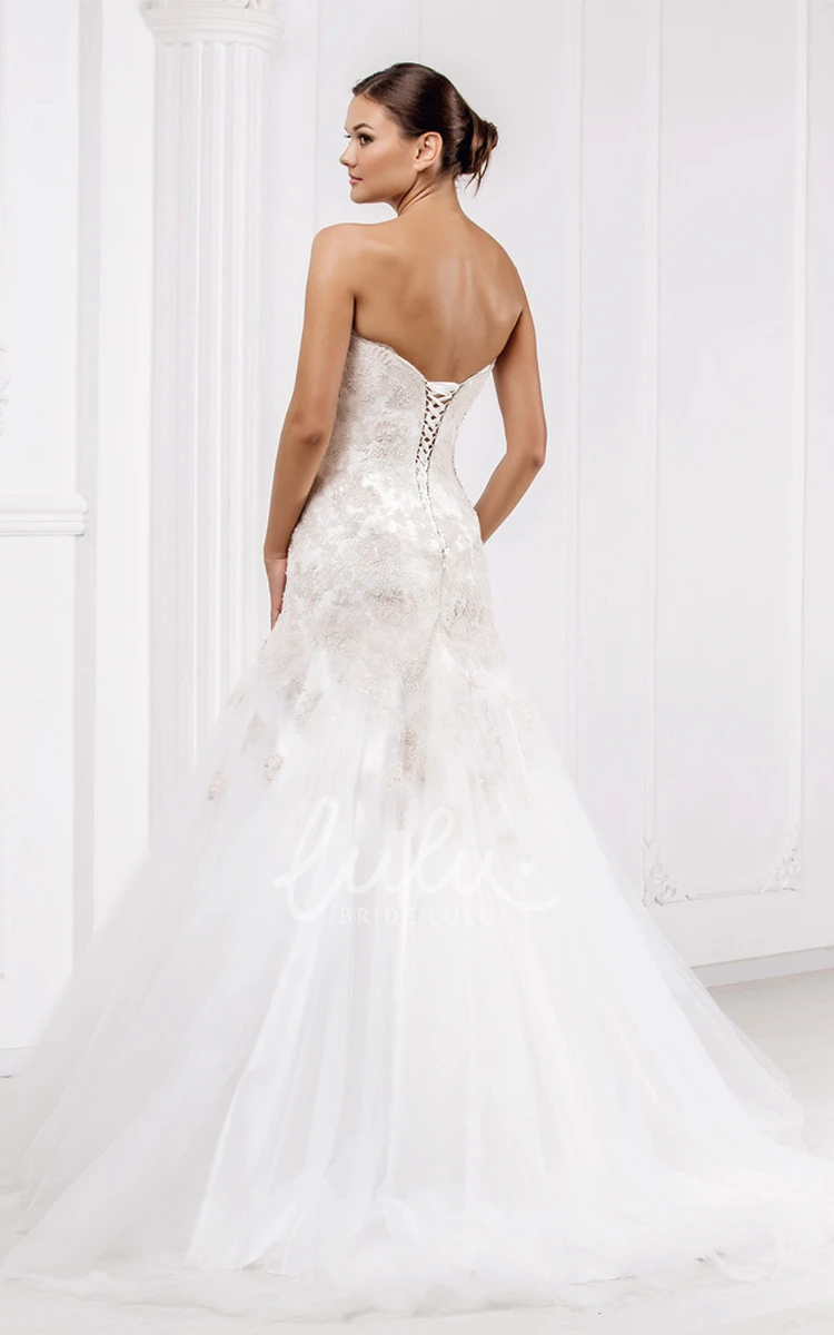 Appliqued Tulle Strapless Wedding Dress with Corset Back and Brush Train Flowy Wedding Dress